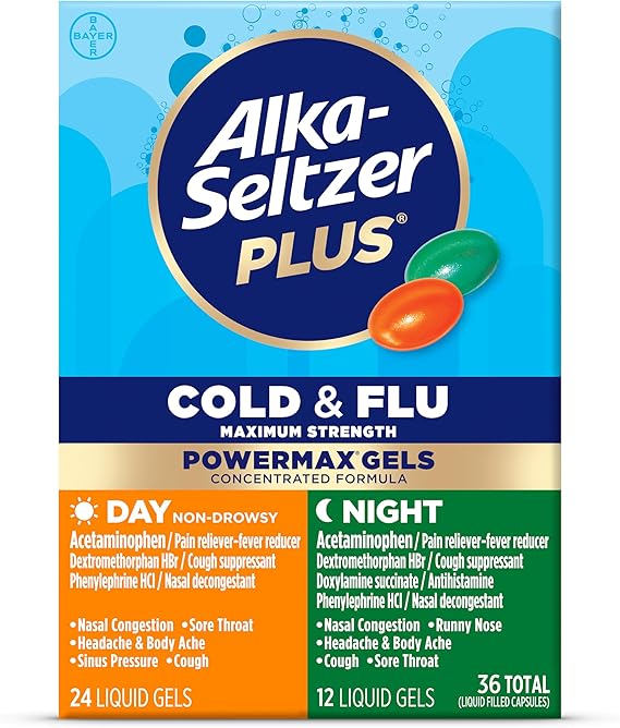 Alka-Seltzer Plus Power Max Cold & Flu Day+Night Medicine: Cough Suppressant, Cold and Flu Medicine For Adults and Children 12 Years and Older, 36 Count, Packaging May Vary