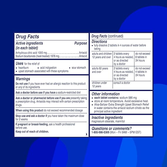 Alka-Seltzer Heartburn Relief Extra Strength Effervescent Tablets, 4-in-1 Relief from Heartburn, Sour Stomach, Acid Indigestion, and Upset Stomach, Dissolvable Antacid, 24 ct