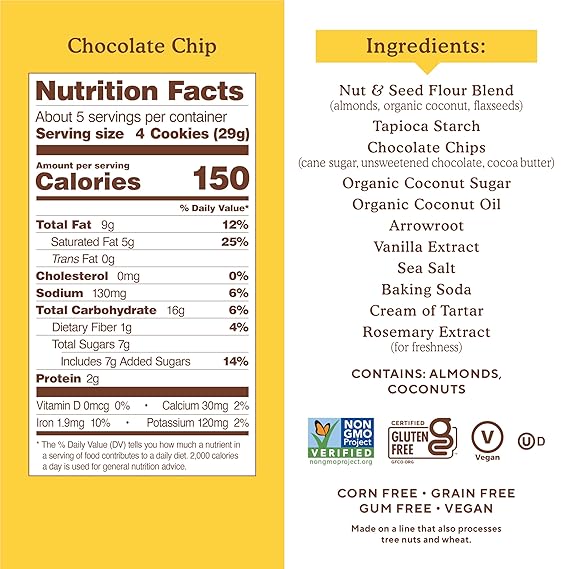 Simple Mills Almond Flour Crunchy Cookies, Chocolate Chip - Gluten Free, Vegan, Healthy Snacks, Made with Organic Coconut Oil, 5.5 oz (Pack of 3)