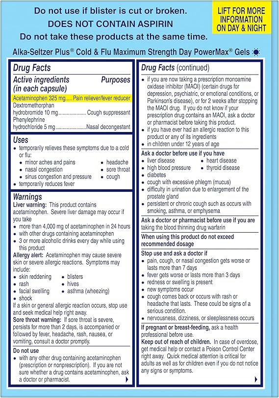 Alka-Seltzer Plus Power Max Cold & Flu Day+Night Medicine: Cough Suppressant, Cold and Flu Medicine For Adults and Children 12 Years and Older, 36 Count, Packaging May Vary